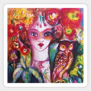 WOMAN PORTRAIT WITH OWL AND RED FLOWERS Sticker